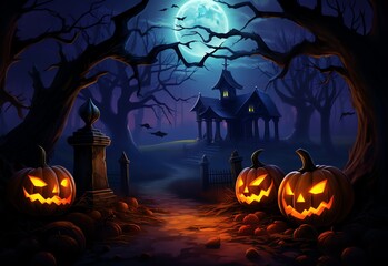 Halloween background with pumpkins and scary castle