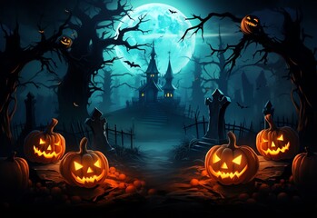 Halloween background with pumpkins and scary castle