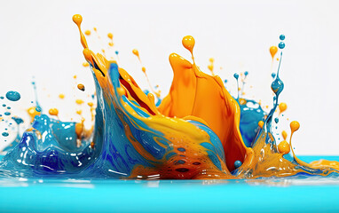 Orange and Blue Liquid Oil Paint Splashing or Dripping on White Background - obrazy, fototapety, plakaty