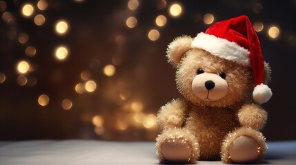 A charming teddy bear wearing a Santa hat sits against a dark background with warm bokeh lights, perfect for holiday advertising.