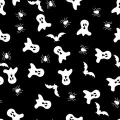 seamless halloween pattern with ghost,bats and spider black and white background