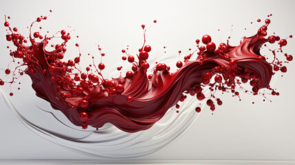 Deep Red Liquid Oil Paint and Red Cherries Splashing or Dripping on White Background