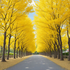 Row of yellow ginkgo trees 