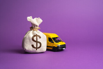 Dollar money bag and delivery van. Freight transportation. Logistics industry, driver shortages....