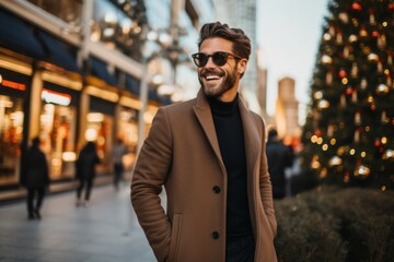 Handsome young man in coat and sunglasses is walking on the street near the Christmas tree.