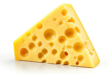 Savor flavor. Slice of fresh cheddar cheese on white background isolated. Hole delights. Swiss triangles for snacking. Chunk of gourmet