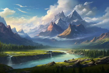 Naklejka na ściany i meble A Journey Through Nature: A Vibrant Colorful Panoramic Painting of a Majestic Mountainous Landscape with a River (Wallpaper)