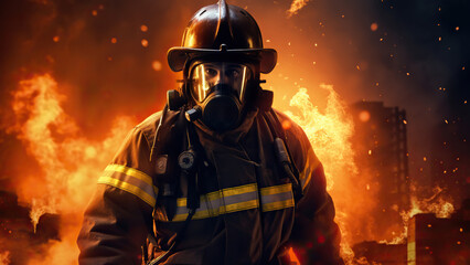 Fototapeta premium Portrait of a firefighter against a background of flames and fire.