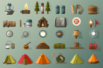 Fototapeta na wymiar Flat design vector camping objects icon set. Popular camping objects collection. camping objects set in flat design. Vector illustration