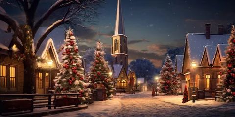 Foto op Canvas a christmas tree is decorated nearby a church in a town © xartproduction