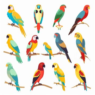 Flat design vector parrots icon set. Popular parrots species collection. Exotic parrots set in flat design. Vector illustration