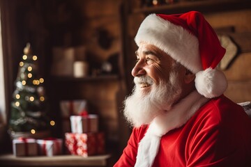 Portrait of senior man in Santa costume at home. Christmas concept.