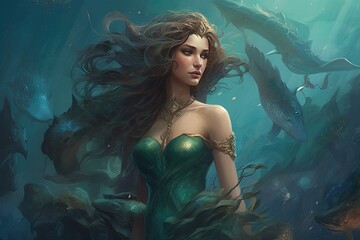 Beautiful mermaid in a Blue Underwater World
