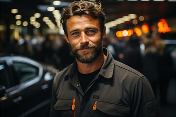 Obraz premium Smiling male mechanic at auto repair shop portrait. Car repair services concept. AI generated