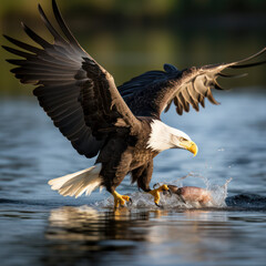Fototapeta premium bald eagle in flight catching a fish.