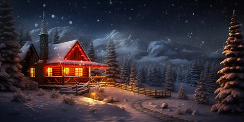 christmas small log cabin is snow covered at night - obrazy, fototapety, plakaty