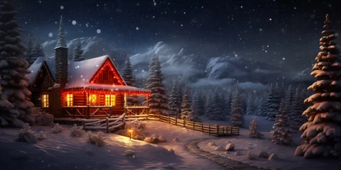Foto op Canvas christmas small log cabin is snow covered at night © xartproduction