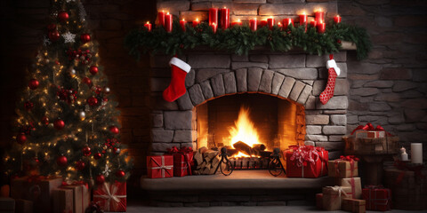 christmas night scene with fireplace in secluded