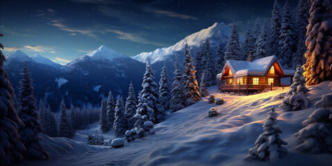 christmas small log cabin is snow covered at night