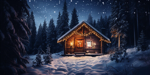 christmas small log cabin is snow covered at night - obrazy, fototapety, plakaty