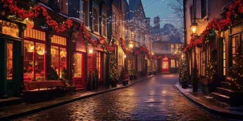 Foto op Canvas the cobble stone street is decorated with christmas © xartproduction