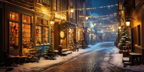 the cobble stone street is decorated with christmas - obrazy, fototapety, plakaty