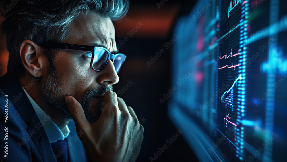 Fototapete a person thought in front of a screen of graphics and statistics in dark colors.
