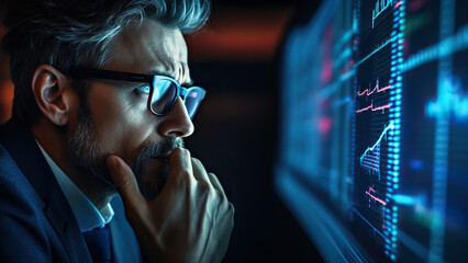 A person thought in front of a screen of graphics and statistics in dark colors.