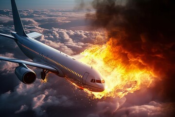 Passenger plane burning in mid-air during flight - obrazy, fototapety, plakaty