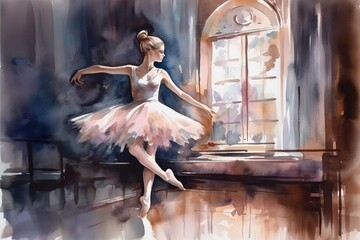 Watercolor Painting of ballerina in ballet class - obrazy, fototapety, plakaty