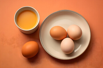 Boiled eggs in a plate and eggs in a bowl on orange background