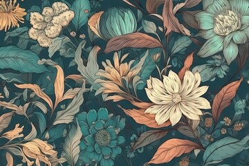 Vintage floral pattern on dark teal background - obrazy, fototapety, plakaty
