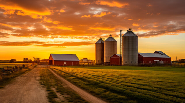 Grain silos at a small farm with a red house and barn.
