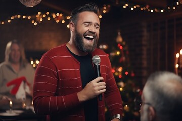 Happy man singing into a microphone at a christmas dinner party. - obrazy, fototapety, plakaty