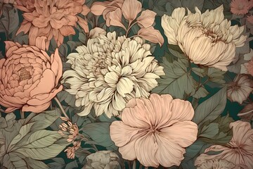 Floral pattern with peonies, roses, and hibiscus on pale blue background in vintage style