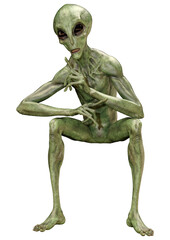 3D Rendering Green Alien on White