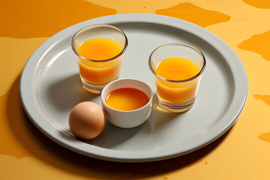 eggs and milk in a glass on a white plate with a yellow background