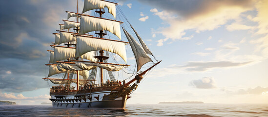 Panorama ship sailing. AI generated. - obrazy, fototapety, plakaty