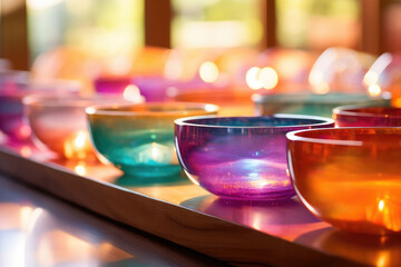 Crystal singing bowls aligned with chakra colors - Sound healing spectrum - AI Generated