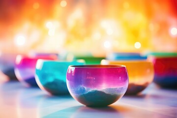 Crystal singing bowls aligned with chakra colors - Sound healing spectrum - AI Generated