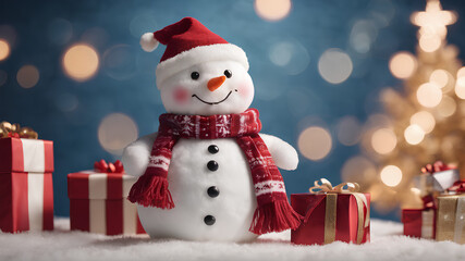 Fototapeta na wymiar christmas - cute snowman with gifts for happy christmas and new year festival wallpaper. AI generation