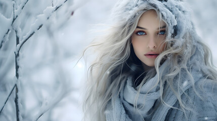 Beautiful girl in winter snowy park