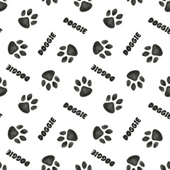 Dog or cat paw. The word doggie. Watercolor seamless pattern. Cute animal footprints for decoration, fabric, design, veterinary clinic, pet store, craft projects, logo, scrapbooking, pet tags.