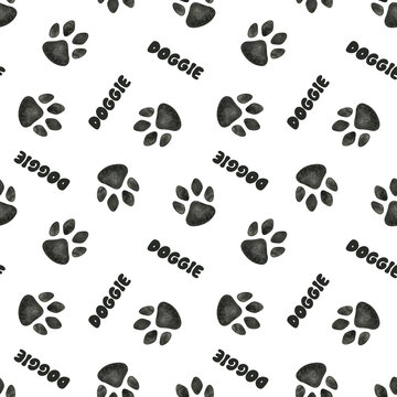 Dog or cat paw. The word doggie. Watercolor seamless pattern. Cute animal footprints for decoration, fabric, design, veterinary clinic, pet store, craft projects, logo, scrapbooking, pet tags.