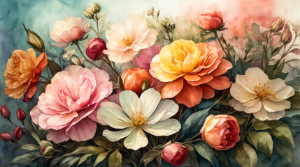 Obraz na płótnie Canvas Spring floral composition made of fresh colorful flowers on light pastel background. fantasy vintage wallpaper botanical flower background
