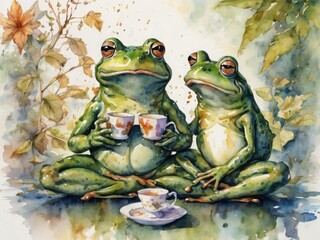 Cute frog sitting and drinking tea created by AI.