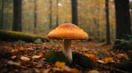 beautiful closeup of forest mushrooms in grass, autumn season, side view. Autumn honey agaric (Latin Armillaria mellea)