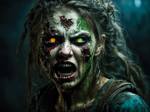 female zombie. logo of angry screaming female zombie with glowing eyes in the dark one eye green and one blue, style of cover art