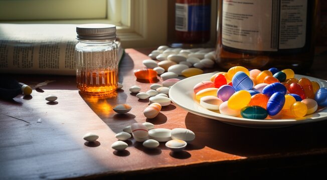 pills and drugs on the table, pills and drugs in the laboratory, pills on laboratory table, drugs on laboratory table