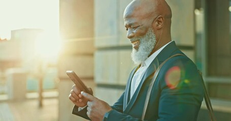 Phone, black man and happy ceo in city, lens flare and typing at sunset outdoor. Mobile, mature and African business consultant smile in street reading, social media meme and funny laugh for comedy